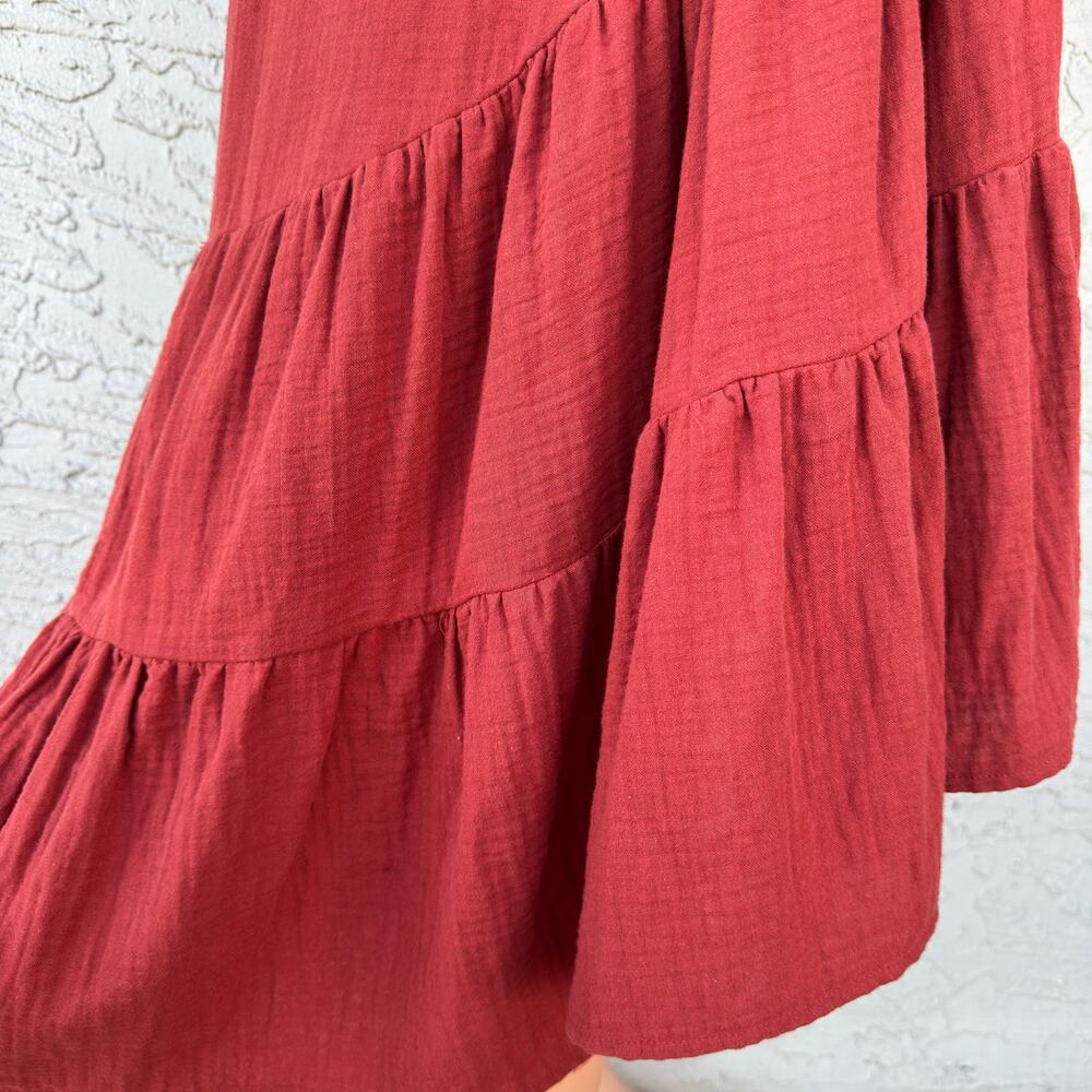 Drew Women's Rust Tiered High Low Midi Shirt Dress XS Cotton Gauze Button Front - Picture 5 of 12